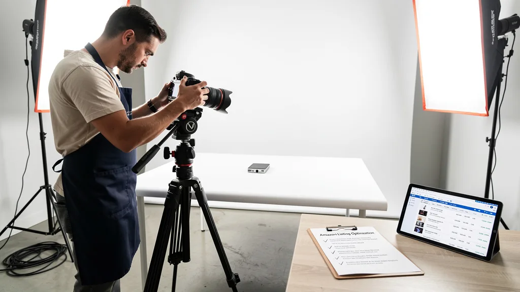 Click to manage / replace image A professional studio setup for taking high-resolution Amazon product photos on a white background.
