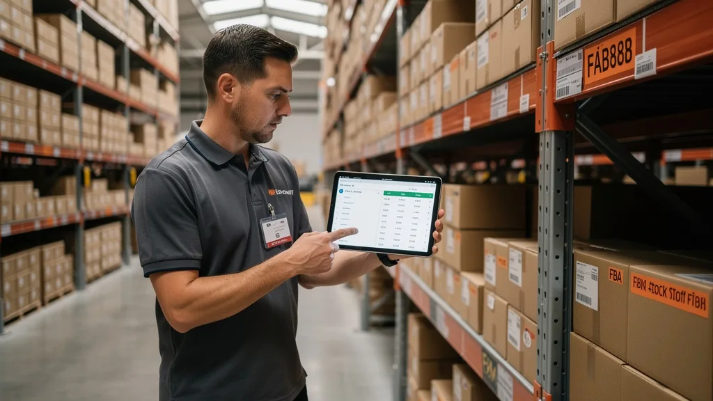 Click to manage / replace image A warehouse manager using a tablet to manage both FBA and FBM inventory streams.