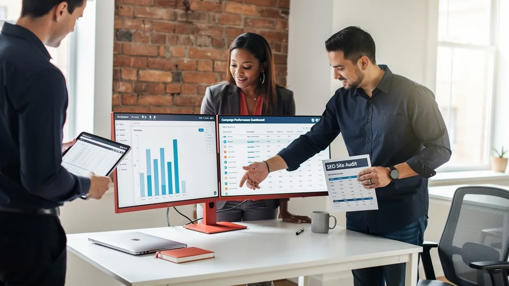 Click to manage / replace image An SEO specialist analyzes a keyword ranking report showing performance metrics.