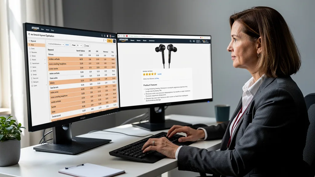 An Amazon SEO specialist using a tool to optimize product listing keywords and bullet points.