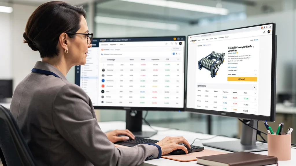 An Amazon advertising specialist managing a DSP campaign on dual monitors, targeting B2B audiences for industrial products.