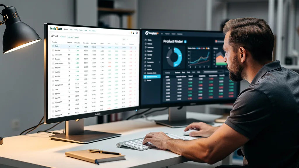 A seller comparing product data on Jungle Scout and Helium 10 on two separate computer monitors.