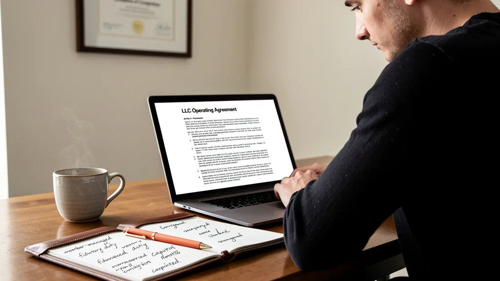 Click to manage / replace image An aspiring consultant reviewing legal documents for their new LLC on a laptop.