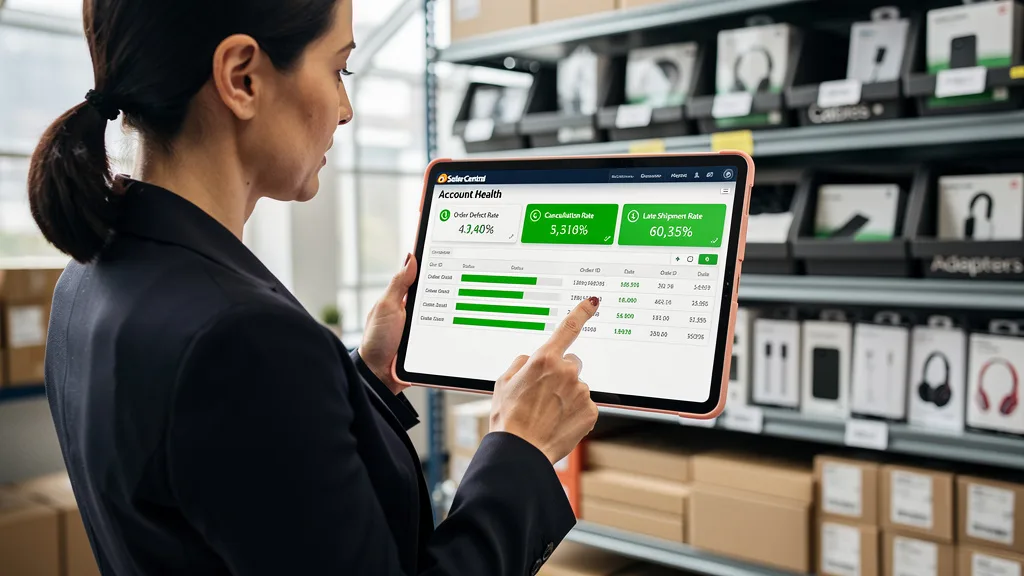 A tablet screen displaying an Amazon Seller Central Account Health dashboard