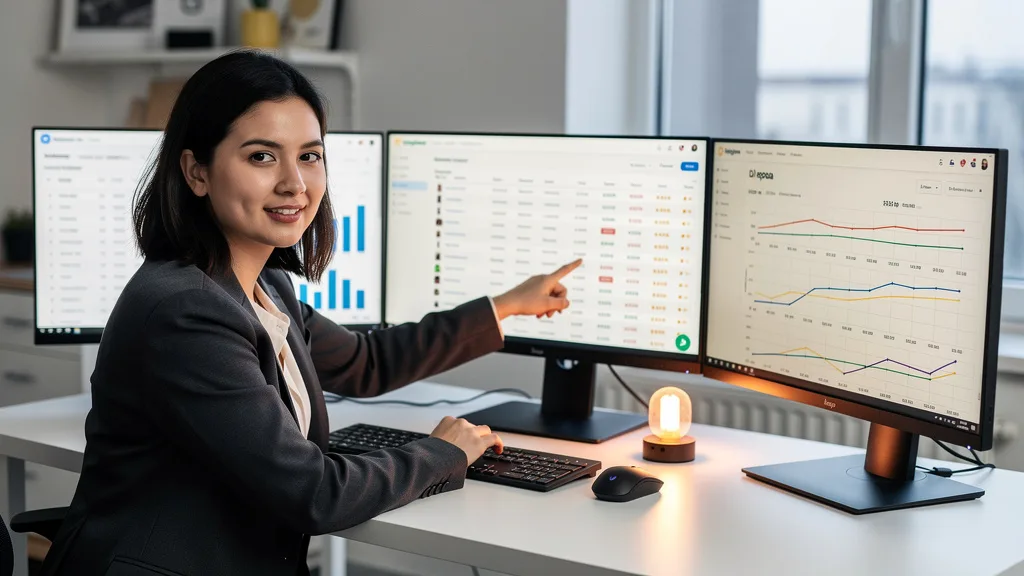 A multi-monitor setup displaying various Amazon product research tools like Helium 10 and Jungle Scout.