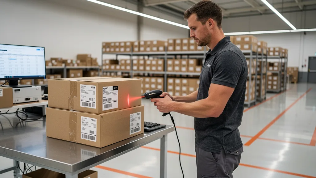 Prep center worker using a handheld scanner for inventory management.