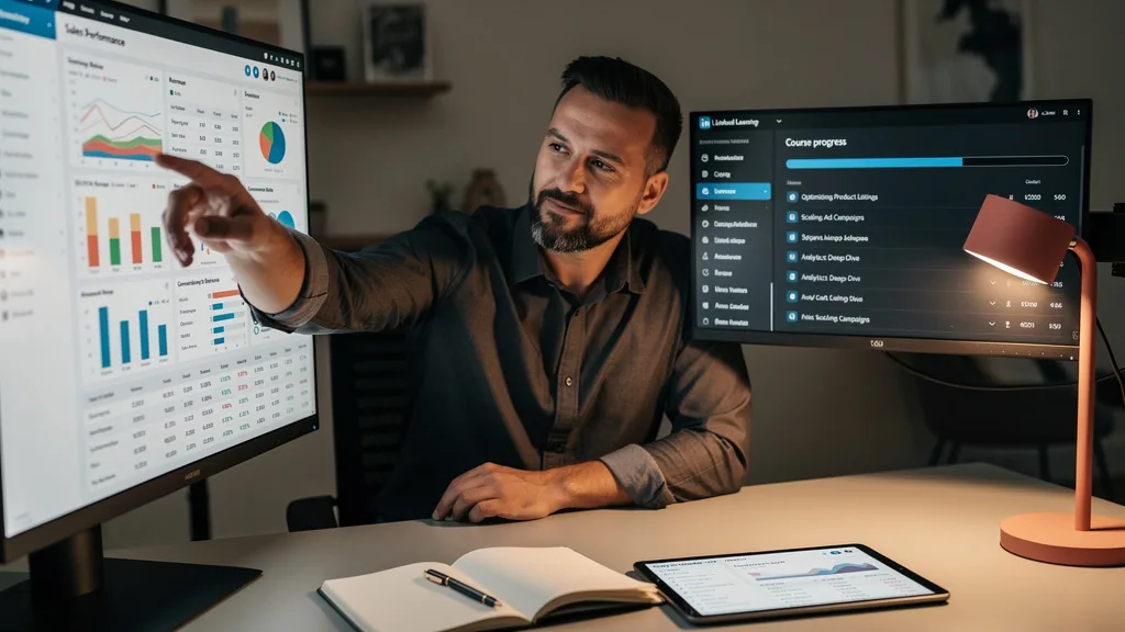 An experienced seller uses a dual-monitor setup to analyze FBA sales data alongside an advanced analytics course.