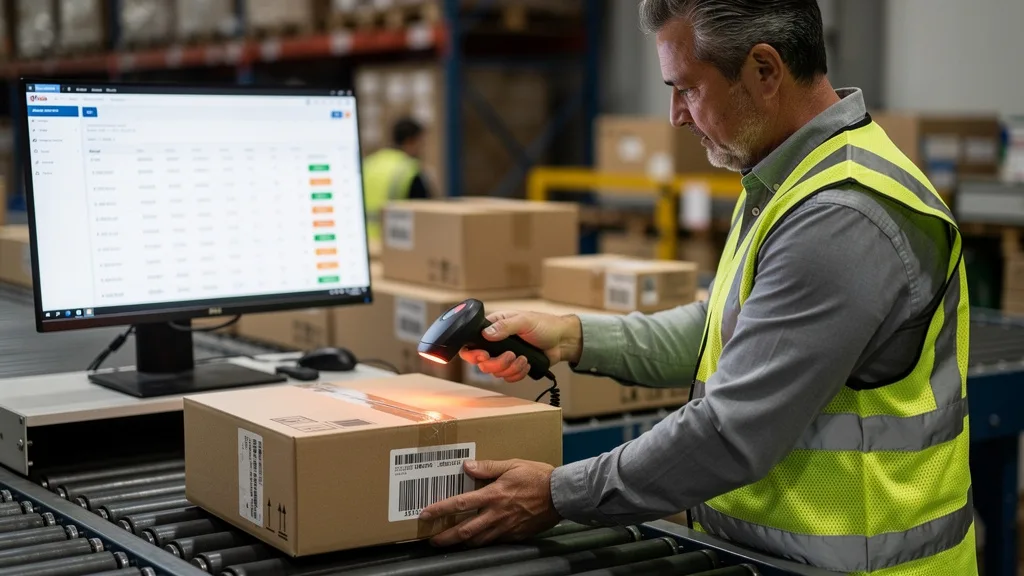 Click to manage / replace image A logistics worker scanning a package to update its tracking information for an Amazon shipment.