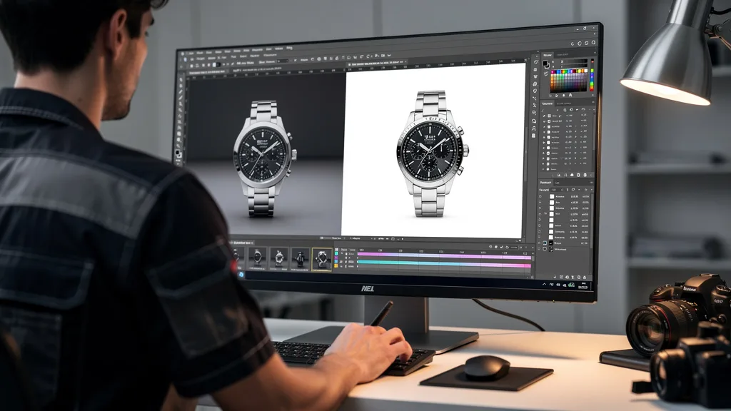 Click to manage / replace image A computer screen showing the before and after of a product photo being edited.