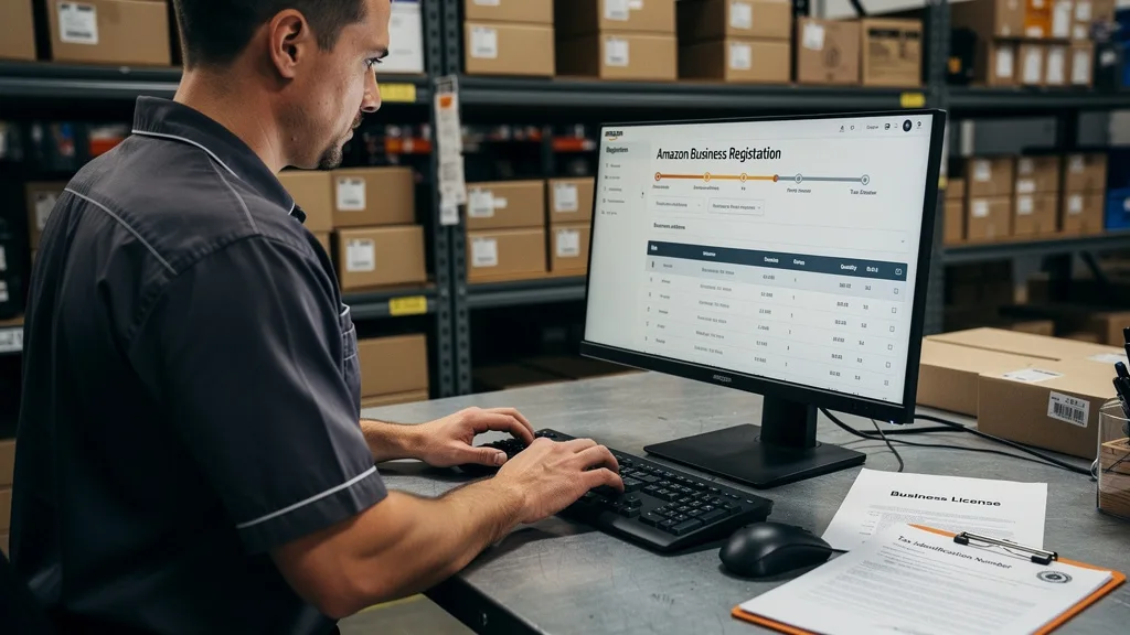 A business owner registering for an Amazon Business account on a computer in a warehouse environment.
