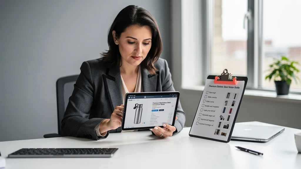 Click to manage / replace image A seller conducting a regular audit of their Amazon listings on a tablet to ensure compliance.