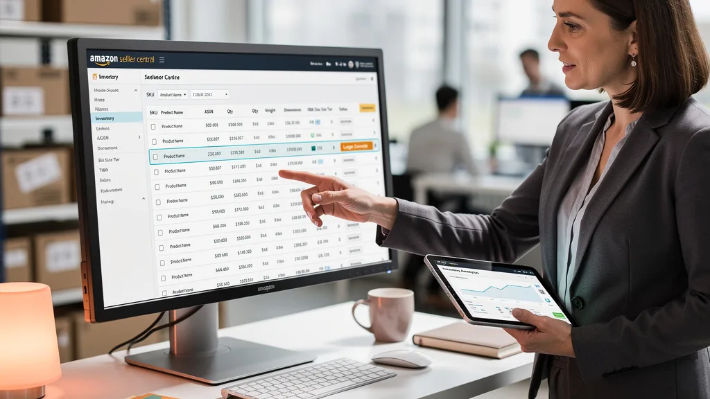 Seller Central dashboard showing an item classified under the large oversize FBA size tier.