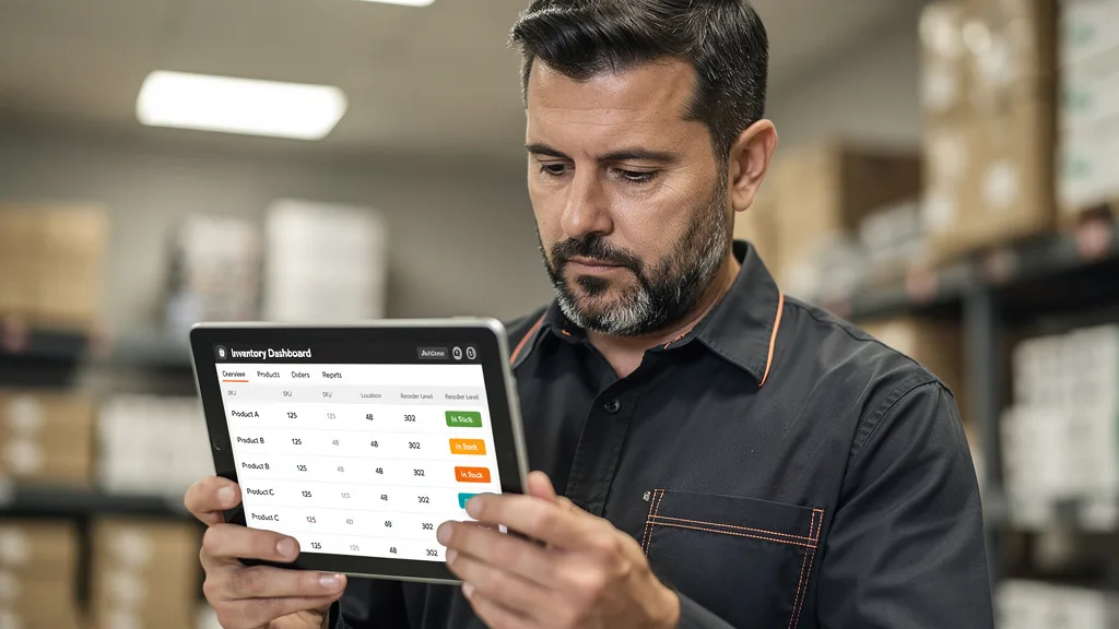 An Amazon seller using inventory management software on a tablet to check stock levels.