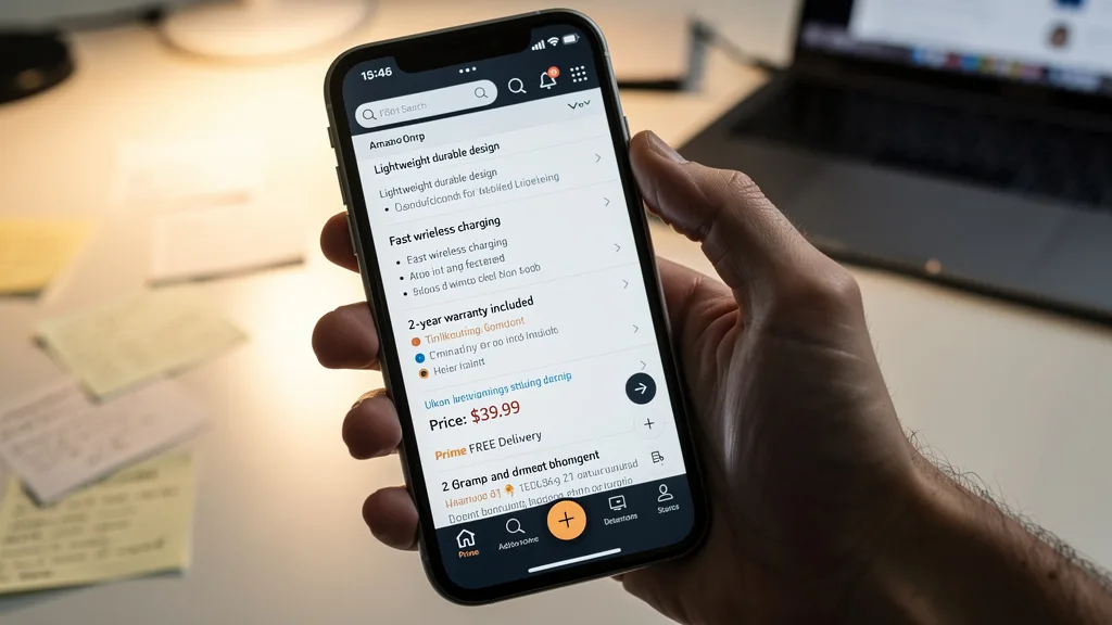 Click to manage / replace image A customer reading well-formatted Amazon bullet points on their smartphone.