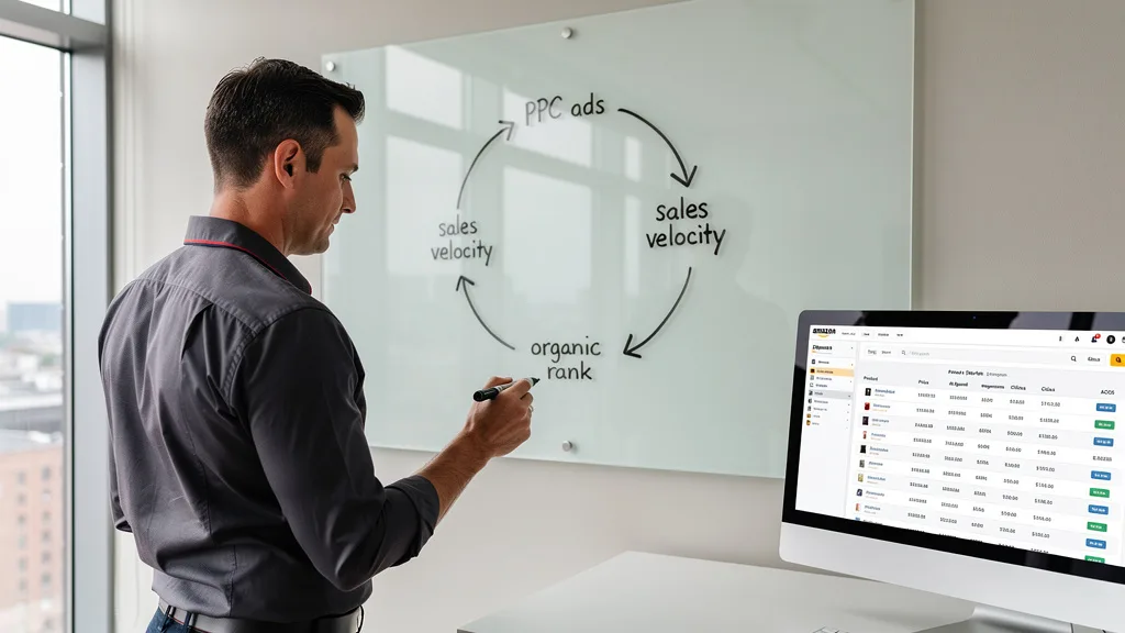 A business strategist illustrating the Amazon flywheel effect on a whiteboard, connecting PPC, sales, and organic rank.