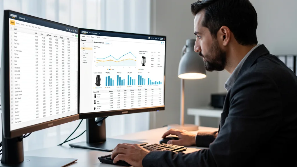 Specialist using keyword research tools to optimize an Amazon product listing.