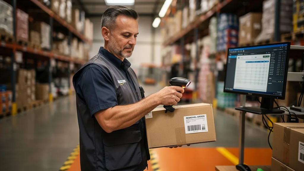 An Amazon FBA warehouse employee processing a removal order, a service with associated fees.