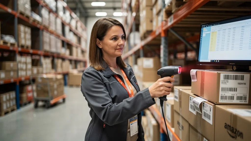 Click to manage / replace image An organized Amazon FBA warehouse with a worker scanning inventory.