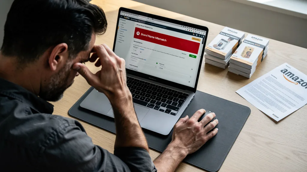 A seller looking at a rejected Brand Registry application on their laptop screen due to a common mistake.