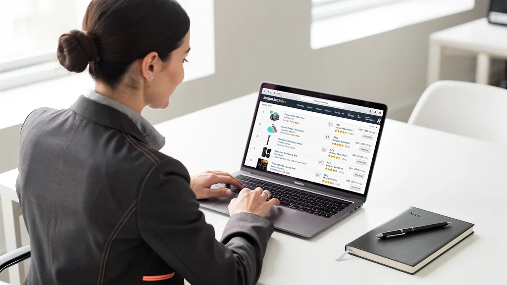 Click to manage / replace image A seller analyzing the Amazon Best Sellers list on a laptop to identify trending product categories.