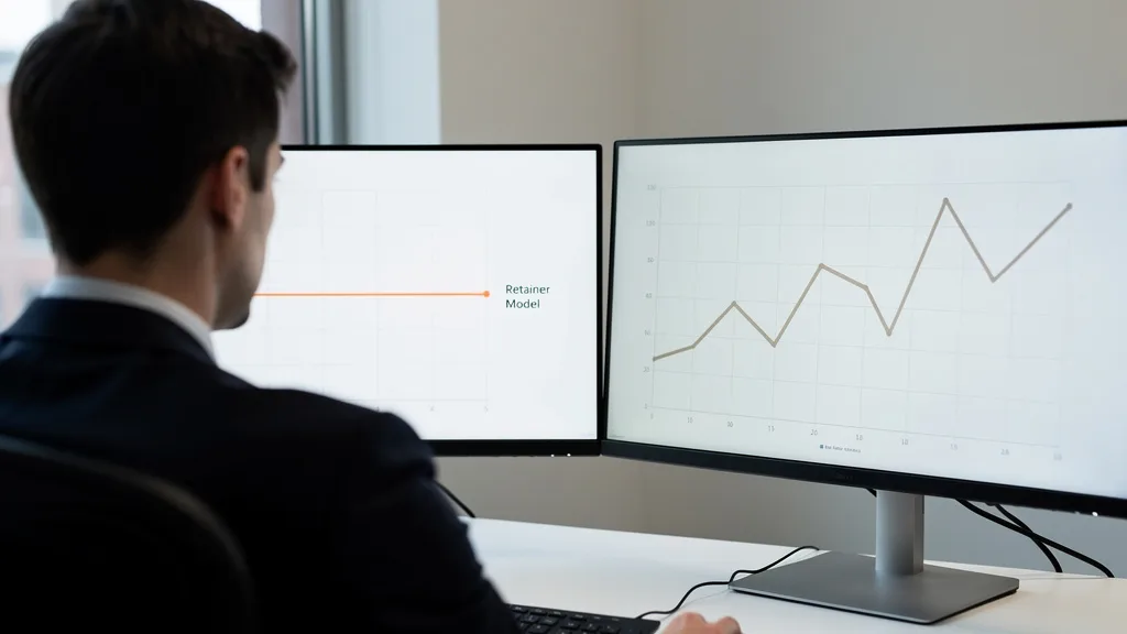 A chart comparing the cost stability of a retainer model versus a fluctuating performance-based model.