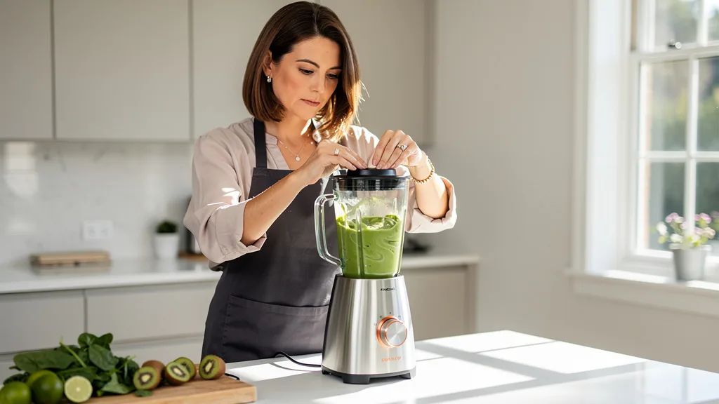 A lifestyle product photo showing a blender being used to make a smoothie in a kitchen.