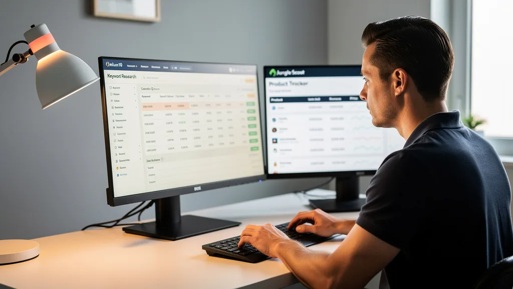 A desk with two monitors comparing Helium 10 and Jungle Scout software for Amazon research.