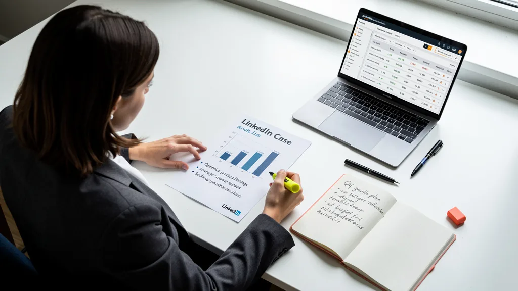 Click to manage / replace image An Amazon seller actively analyzing a LinkedIn case study post with a highlighter to extract key strategies.