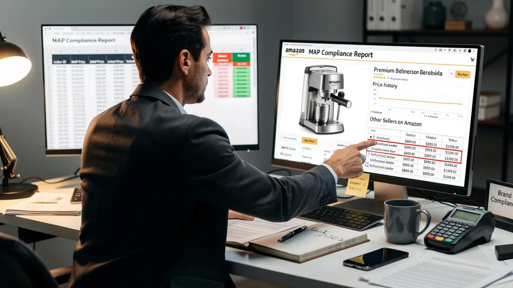 Click to manage / replace image An Amazon product page showing a MAP violation where an unauthorized seller has undercut the price to win the Buy Box.