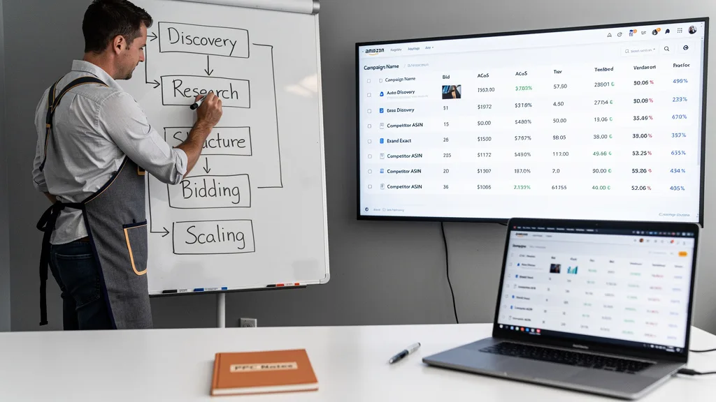 A flowchart showing a structured and profitable Amazon PPC campaign strategy from discovery to scaling.
