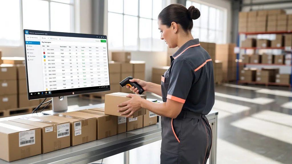Click to manage / replace image Applying a required FNSKU barcode label to a product before sending it to an Amazon FBA warehouse.