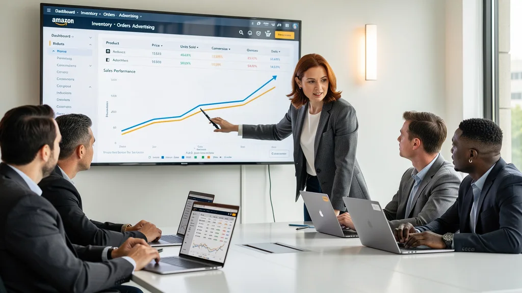 Click to manage / replace image A team of Amazon experts analyzing seller performance data in a collaborative meeting.