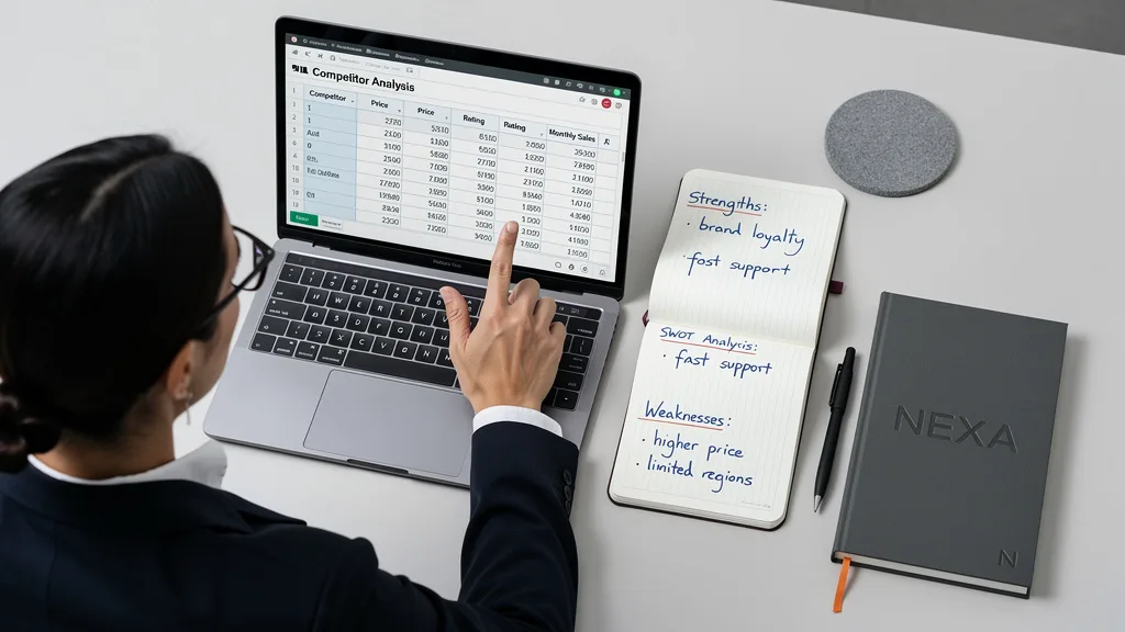 Click to manage / replace image A spreadsheet on a laptop showing a detailed competitor analysis for a potential Amazon product.