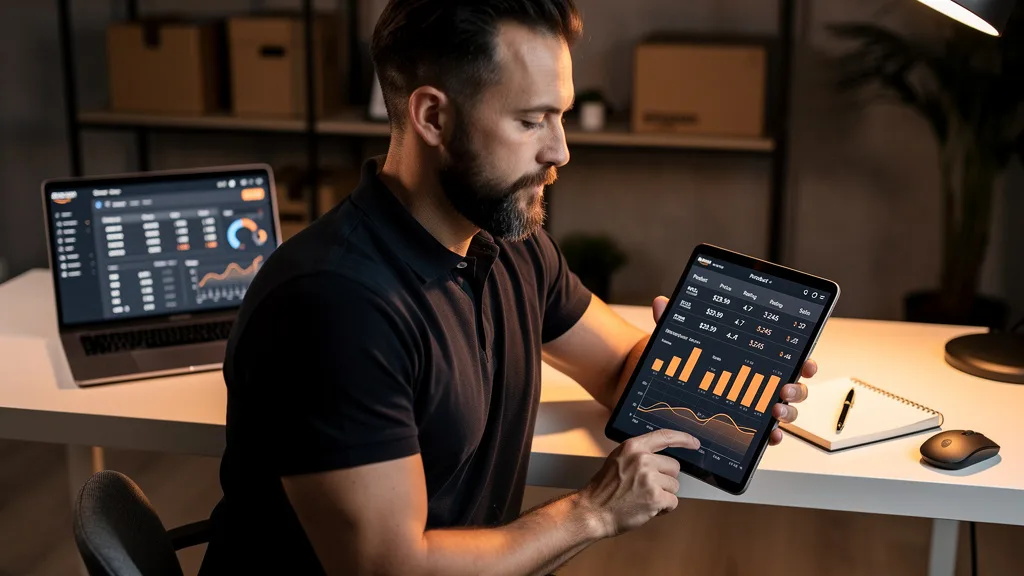 Click to manage / replace image A seller using a tablet with a product research app to analyze Amazon market data and trends.