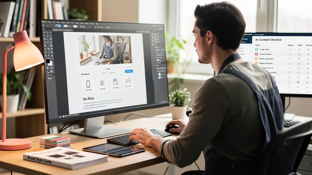 Click to manage / replace image A designer creating a compelling Amazon A+ Content layout with rich media and branding elements.