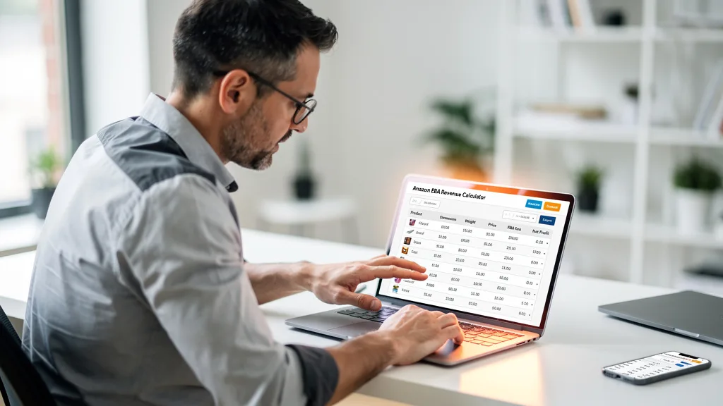 An entrepreneur using the Amazon FBA Revenue Calculator to estimate their 2026 selling fees and net profit.