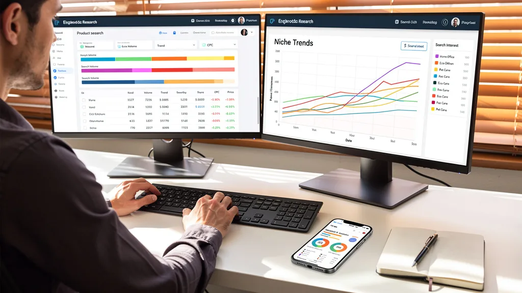Click to manage / replace image A user reviewing Amazon keyword search volume and competition data on a laptop screen.