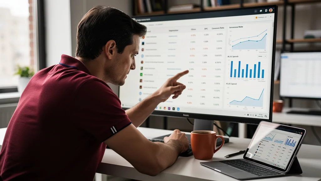 A specialist intently analyzing an Amazon advertising campaign to optimize performance and lower ACoS.