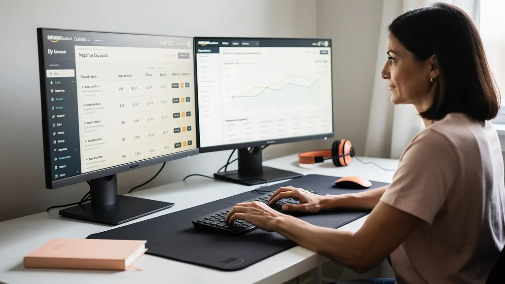 An Amazon PPC specialist adding negative keywords to a campaign to refine targeting.