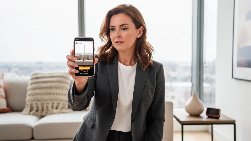 A user viewing a shoppable Instagram post with a lifestyle image and a clear call-to-action to buy on Amazon.