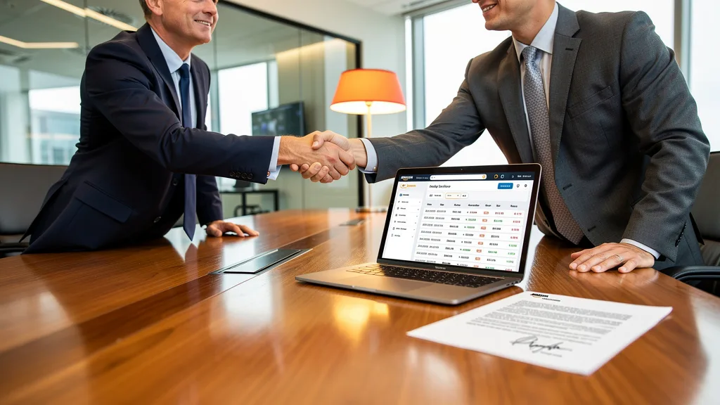 Click to manage / replace image Two professionals shaking hands, symbolizing the final decision to partner with an Amazon agency.