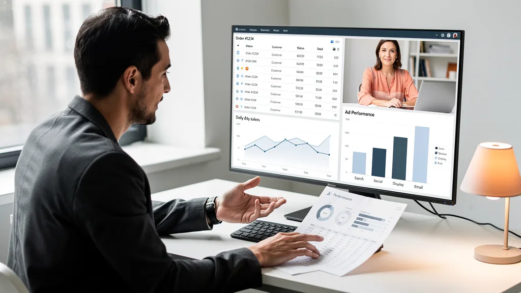 Click to manage / replace image An Amazon seller having a virtual meeting with a consultant to review sales data and strategy.