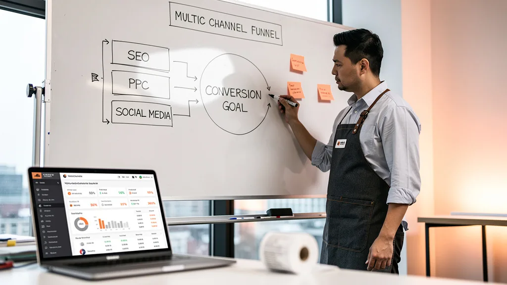 A detailed marketing campaign funnel drawn on a whiteboard, illustrating the complexity of a multi-channel strategy.