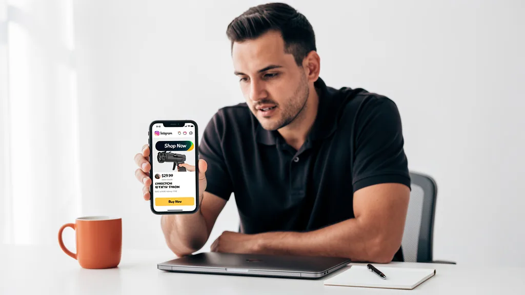 Click to manage / replace image A user tapping an Instagram Story link sticker that directs them to an Amazon product page.