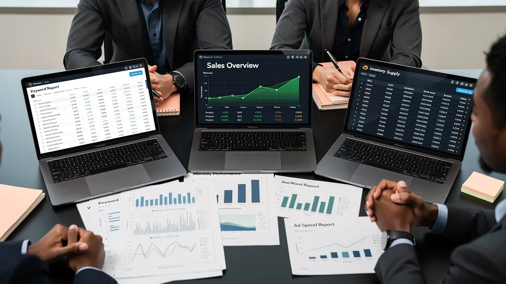 A team of professionals comparing different software options on their laptops at a meeting table.
