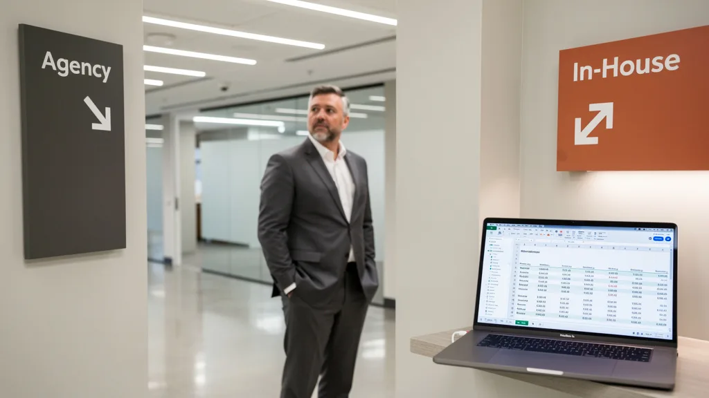 Click to manage / replace image A business owner at a decision point, choosing between an Amazon consulting agency and building an in-house team.