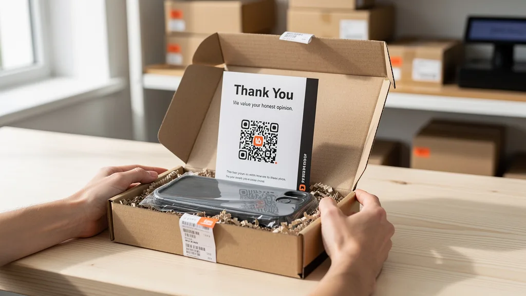Click to manage / replace image A product insert card inside an open box encouraging the customer to leave an honest review.