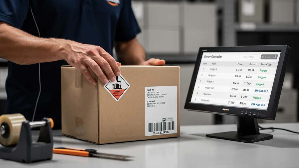 Click to manage / replace image A product box being labeled with a hazmat warning sticker in an Amazon warehouse.
