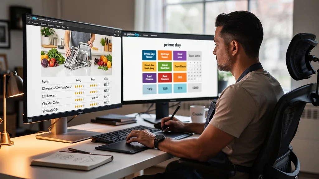 A designer creating compelling Amazon A+ Content with lifestyle images and comparison charts before Prime Day.