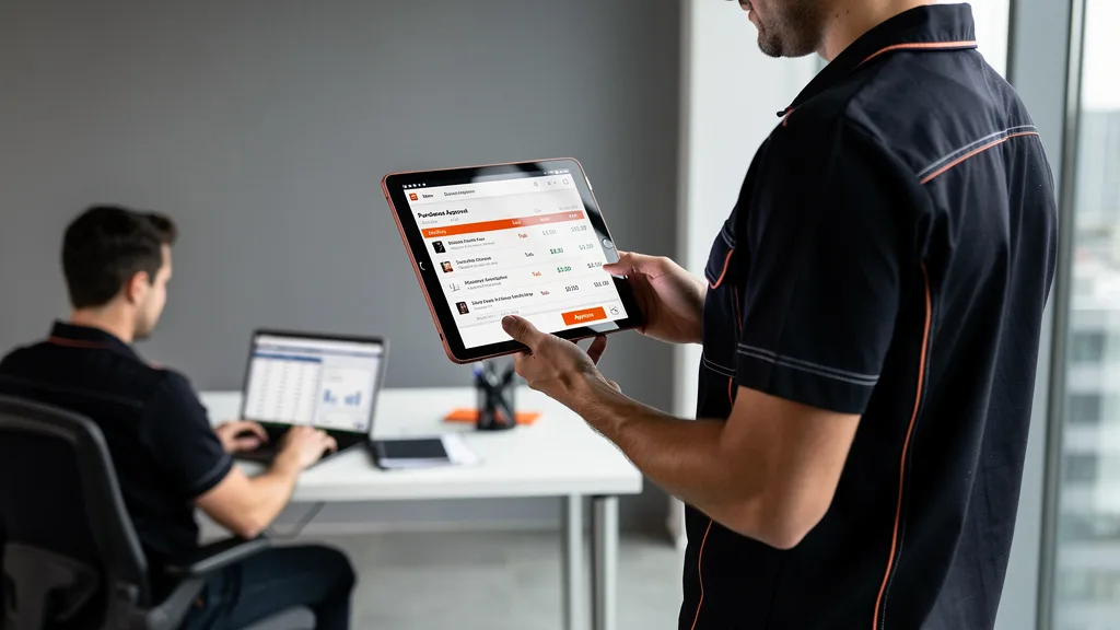 A manager using a tablet to approve a team member